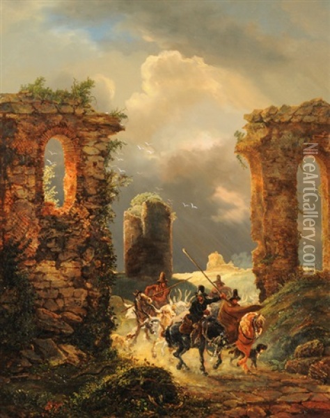 Viehdiebstahl In Ruinenlandschaft Bei Aufkommendem Gewitter Oil Painting - Johann Georg Schinz
