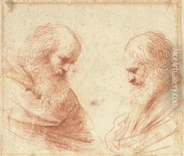 Two Bearded Men, Bust-length, Looking Down Oil Painting - Guercino