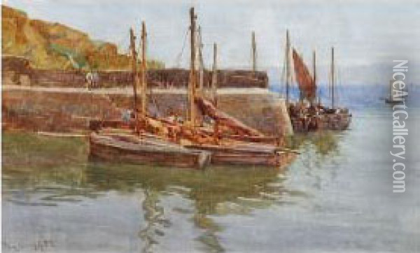 Fishing Boats Off A Quayside Oil Painting - Tom Clough