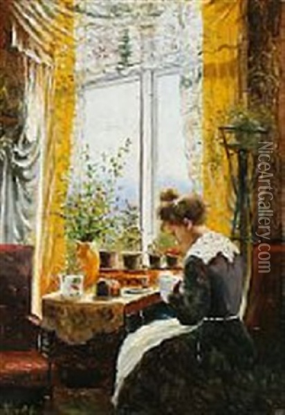 Interior With A Woman Sewing Oil Painting - Signe Andreasen