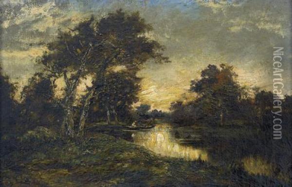 Flusslandschaft Mit Fischer In Der Abenddammerung Oil Painting - Jules Dupre