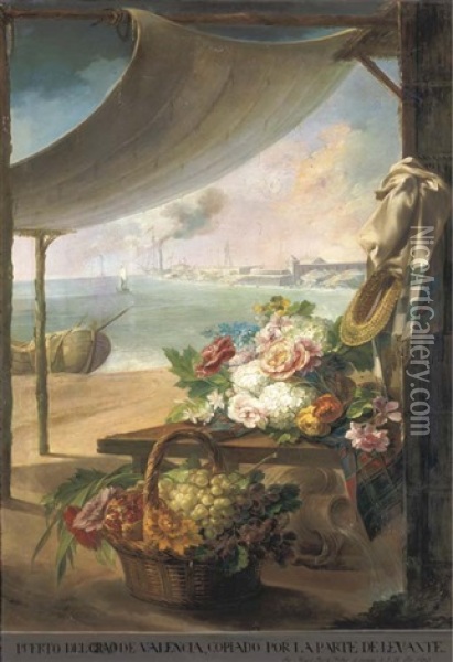 Puerto De Grao De Valencia Con Un Bodegon De Flores, Frutas Y Otros Objetos En Primer Termino Oil Painting - Miguel Parra Abril