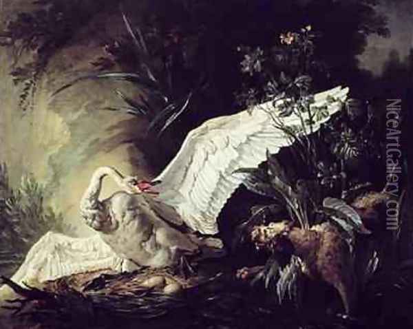 A Water Spaniel Attacking a Swan on its Nest, 1740 Oil Painting - Jacques Charles Oudry