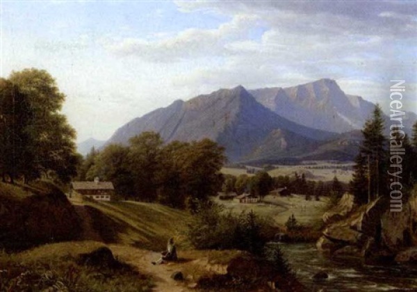 En Vandringsmand Holder Hvil Pa En Vej I Bjergene Oil Painting - Johann Georg Mohr