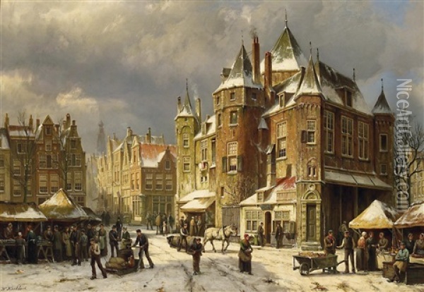 Markttreiben In Den Verschneiten Strasen Einer Hollandischen Stadt (nieuwmarkt In Amsterdam?) Oil Painting - Willem Koekkoek