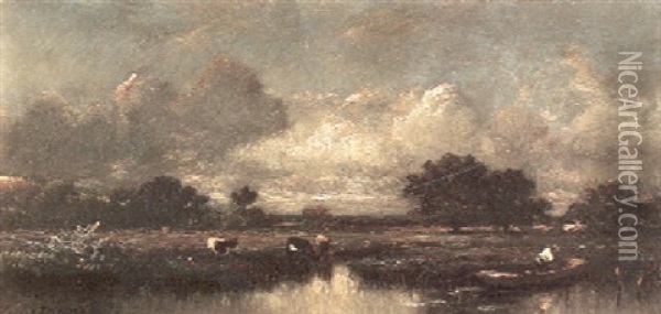 An Extensive Pastoral Landscape With Cows Watering, A Figure In A Dinghy On A Lake And A Storm Threatening Overhead Oil Painting - Jules Dupre