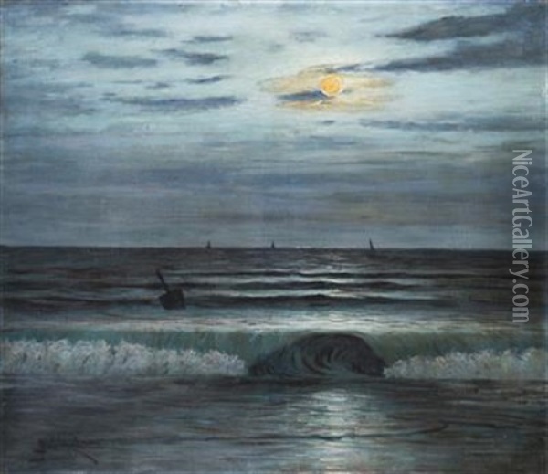 Night Sea Surf Oil Painting - Josef Jelinek