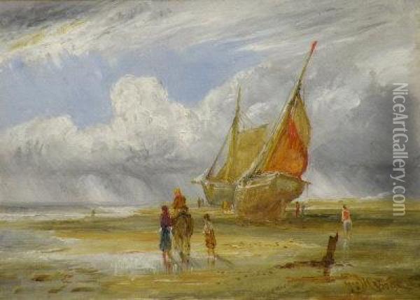 Fisherfolk And Beached Fishing Boats Oil Painting - William Joseph Caesar Julius Bond