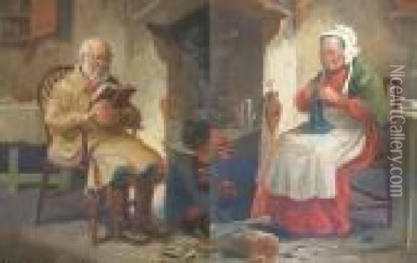 Old Man Reading In An Interior,and Another, Old Woman Knitting Oil Painting - Alexander Austen