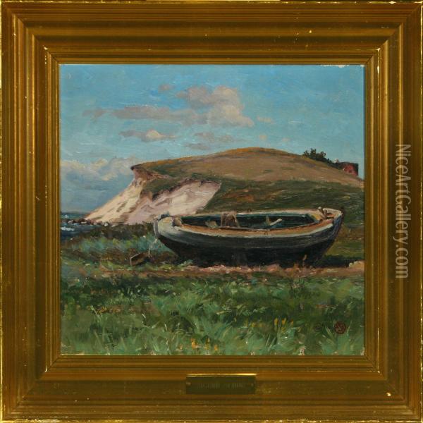 Coastal Scenery With Vessel On Land Oil Painting - Sigurd Solver Schou