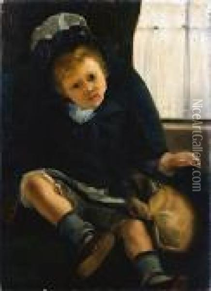 Petite Fille Au Chien, Circa 1882 - 1883 Oil Painting - Jacques-Emile Blanche