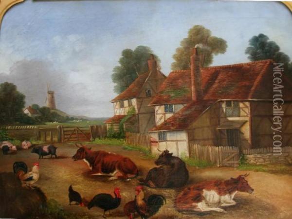 Animals In A Farmyard Oil Painting - Edwin Frederick Holt