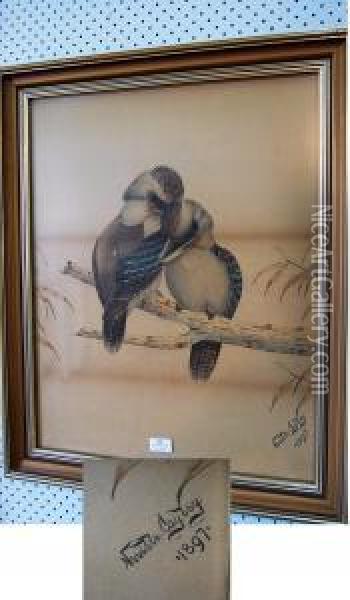 Two Kookaburra's Snuggling On A Branch Oil Painting - Neville Henry P. Cayley