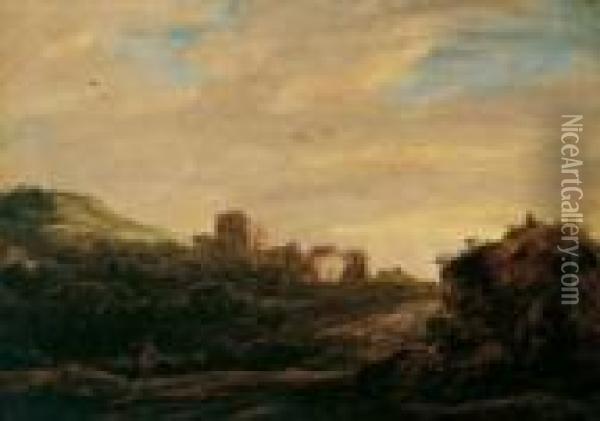 Dunenlandschaft Mit Fernem Torbogen Und Turm. Links Vorn Ein Mann Mit Ruckenlast. Oil Painting - Cornelis Symonsz. Van Der Schalcke
