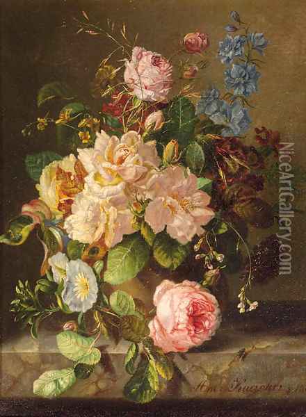 A still life with roses, primulas and morning glory Oil Painting - Amalie Kaercher