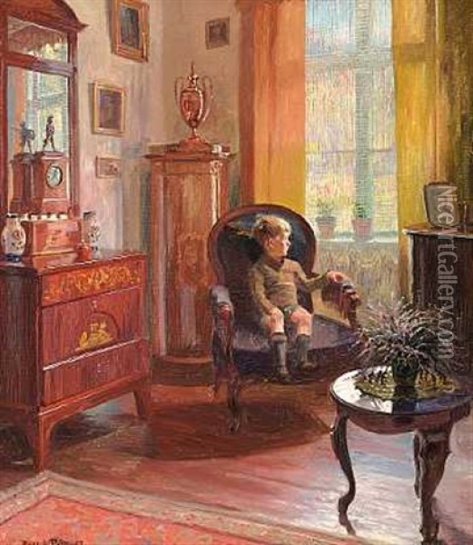 Interior Med En Lille Dreng, Der Kigger Ud Af Vinduet Oil Painting - Robert Panitzsch