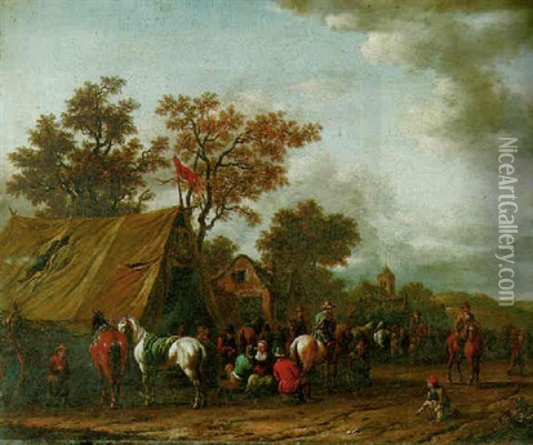 Travellers And Peasants By A Booth, Houses And A Church Beyond Oil Painting - Barend Gael