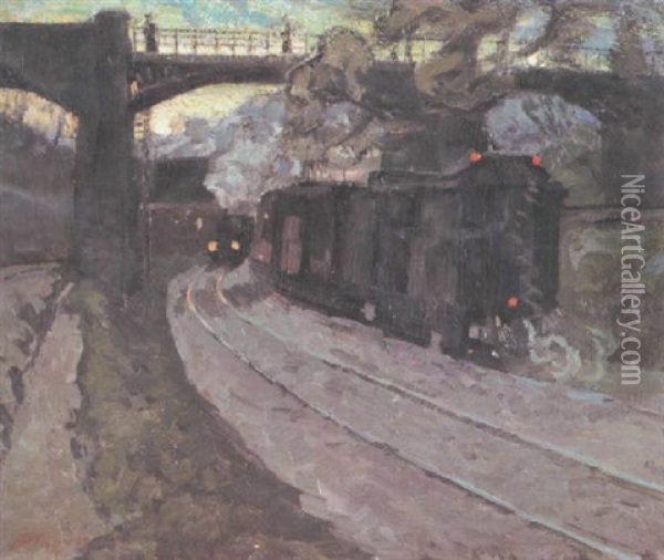 Eisenbahn Bei Dammerung Oil Painting - Hermann Pleuer
