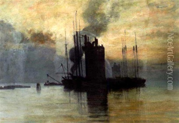 Morning Fog: Harbor Scene Oil Painting - Frank Hill Smith
