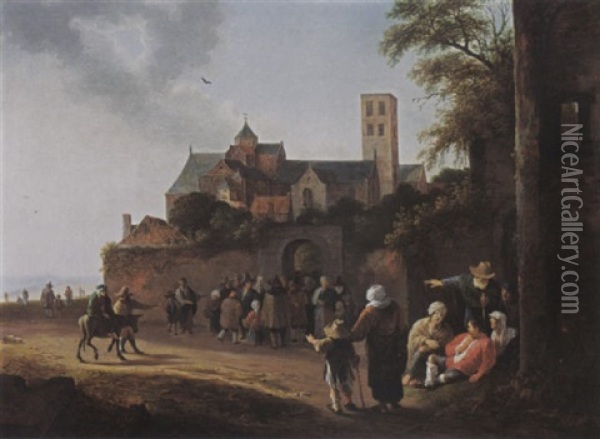 Utrecht: The Mariakerk With Travellers, Pilgrims And Beggars Outside The City Walls Going To The Church Oil Painting - Pieter de Bloot