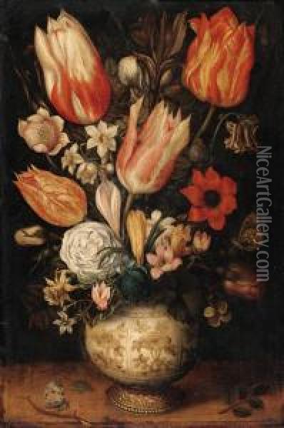 Tulips, Roses, Narcissi, 
Daffodils, Crocuses, An Iris, A Poppy Andother Flowers In A Gilt-mounted
 Porcelain Vase On A Ledge, With Aqueen Of Spain Fritillary, A White 
Ermine And A Magpiebutterfly Oil Painting - Ambrosius the Elder Bosschaert