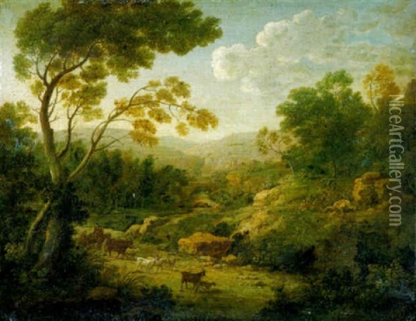 A River Landscape (river Tiber?) With Tivoli In The Distance Near Rome Oil Painting - Hendrick Frans van Lint