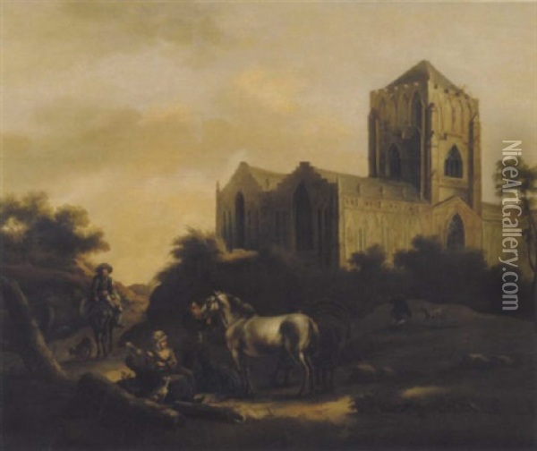 Gotische Kirche In Landschaft Mit Schimmel Und Staffagefiguren Oil Painting - Gerrit Adriaensz Berckheyde