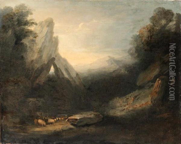 A Twilight Landscape With Sheep By A River In A Gorge Oil Painting - Thomas Gainsborough