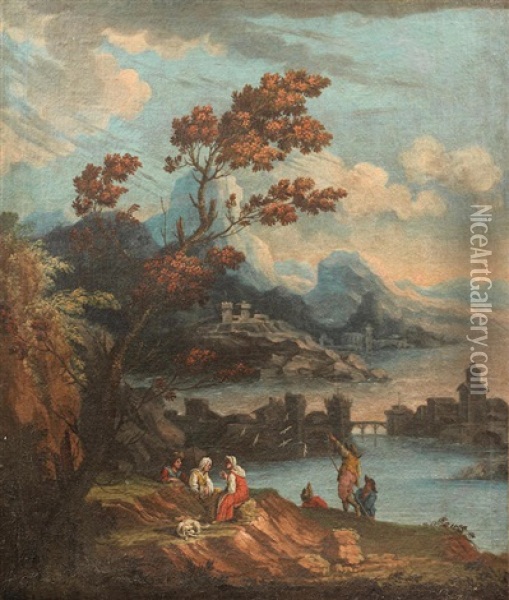 An Extensive Coastal Landscape With Figures Conversing In The Foreground Oil Painting - Jacob De Heusch