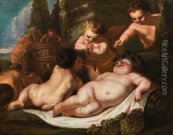 Bacchanalia With Putti Oil Painting - Peter Strudel