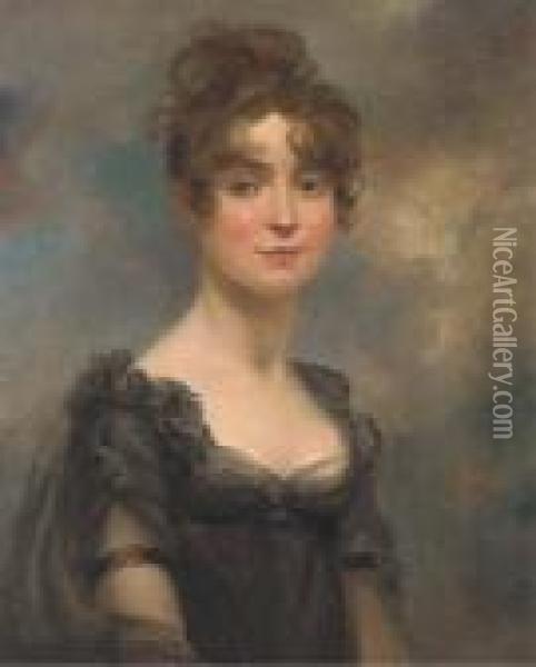 Portrait Of Harriet Leonard Bull, Bust-length, In A Black Lacedress Oil Painting - Arthur William Devis