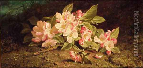 Apple blossom on a mossy bank Oil Painting - John Fitz Marshall
