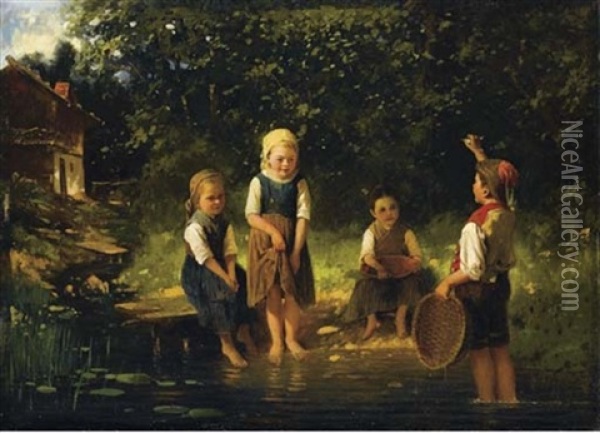 Quatre Enfants Au Bord De La Riviere Oil Painting - Johann Ferdinand Julius Hintze