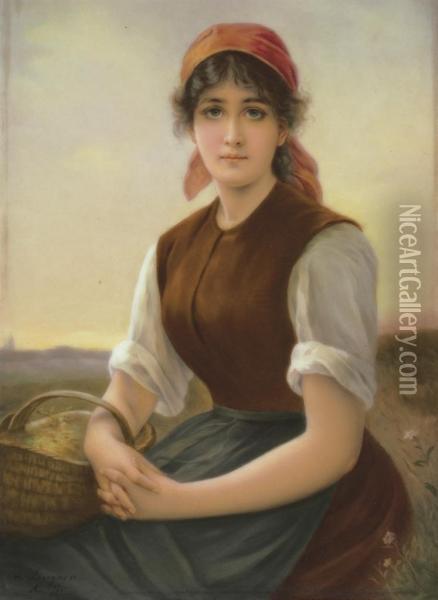 Late 19th/20th Century, Signed With An A.s. Monogram
Finely Painted After Lingner With A Three-quarter Length Portraitof A Seated Raven-haired Beauty In Peasant Attire, A Basket Overone Arm Oil Painting - German Alvarez Algeciras