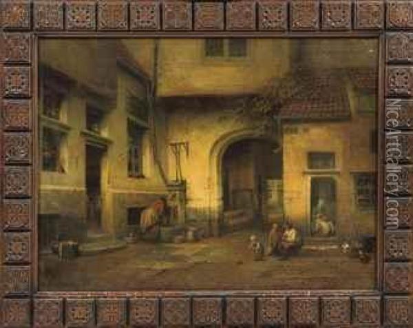 Daily Activities In A Sunlit Courtyard Oil Painting - Henri De Braeckeleer