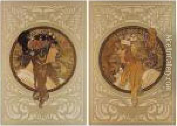 Tete Byzantine - Brunette; And Tete Byzantine - Blonde (academy Editions P.15a; And 16a) Oil Painting - Alphonse Maria Mucha