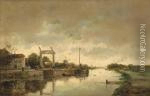 Landscape With A Boat On A Canal By A Draw Bridge Oil Painting - Willem George Fred. Jansen