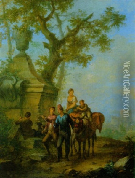 Bauernfamilie Mit Maultier Und Wanderer Vor Einem Denkmal Oil Painting - Franz de Paula Ferg