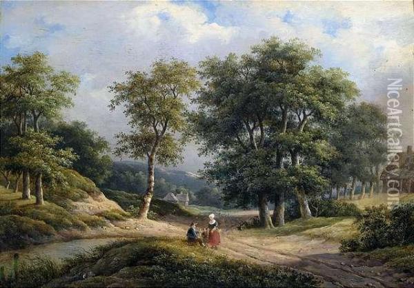 Dutch Landscape With A Peasant Family. Oil Painting - Marianus Adrianus Koekkoek
