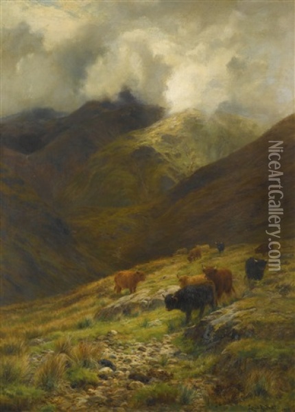 Beneath The Gathering Mists, Highland Cattle Oil Painting - Louis Bosworth Hurt