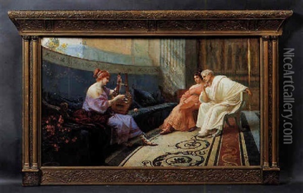Interno Pompeiano Con Suonatrice Di Cetra, Un Senatore Ed Una Giovane Donna Oil Painting - Ettore Forti