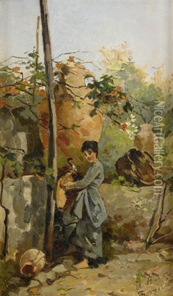 Italiensk Kvinna Vid Brunnen - Motiv Fran Taormina, Sicilien Oil Painting - Agneta (Agnes) Boerjesson