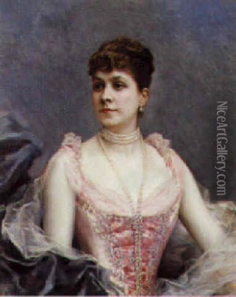 Portrait Of A Lady, In A Pink Dress And Pearl Necklace Oil Painting - Raimundo de Madrazo y Garreta