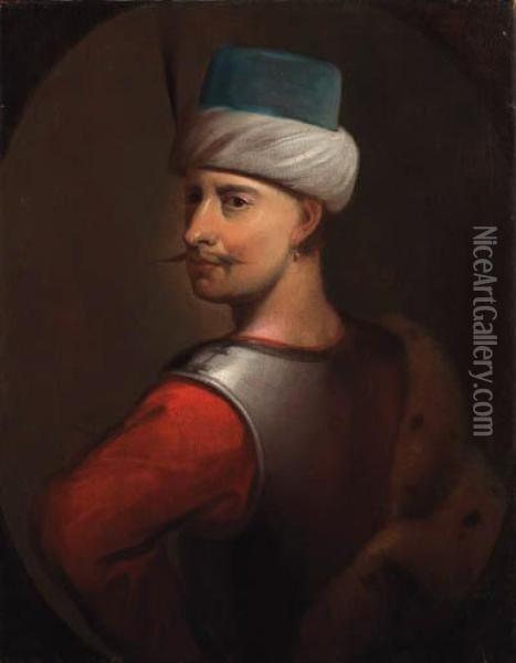 Portrait Of A Turk, Previously 
Identified As Sultan Sellim Iii,half-length, In A Red Jacket With A 
Breast Plate And A Featheredturban Oil Painting - Johann Zoffany