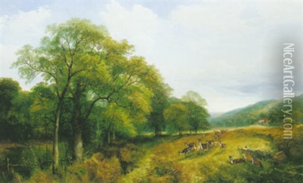 Deer In A Landscape Oil Painting - Henry Jutsum
