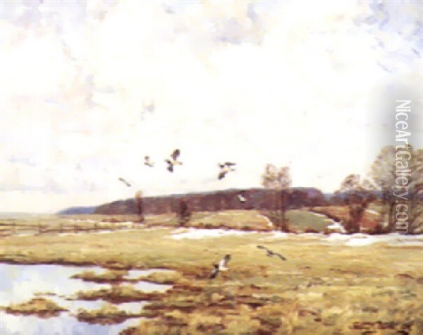 Vinterlandskab Med Flyvende Viber Oil Painting - William Gislander