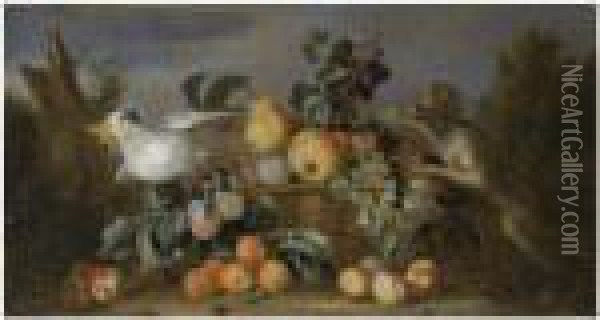 A Still Life With Pears, 
Apricots And Peaches In A Basket With A Monkey And A Cockatoo In A 
Landscape Oil Painting - Tobias Stranover