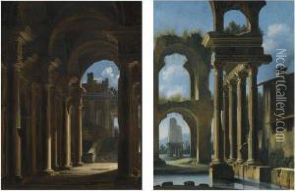 A Capriccio Of The Inside Of A Temple With Ruins Beyond Oil Painting - Nicolo Viviani Codazzi