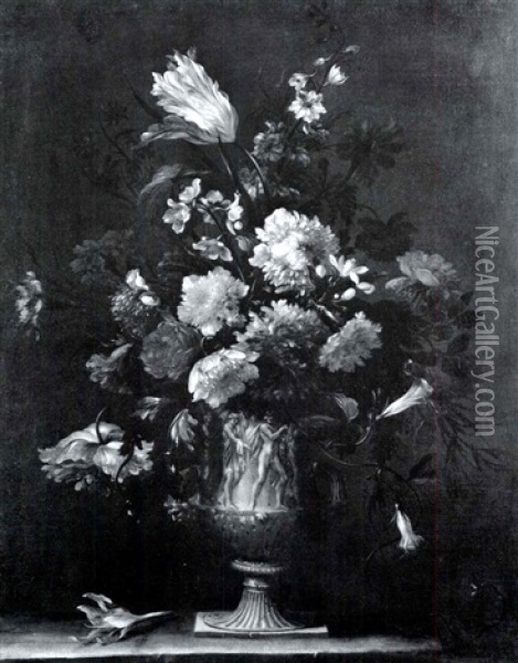 Still Life Of Flowers In A Sculpted Urn Oil Painting - Jean-Baptiste Monnoyer