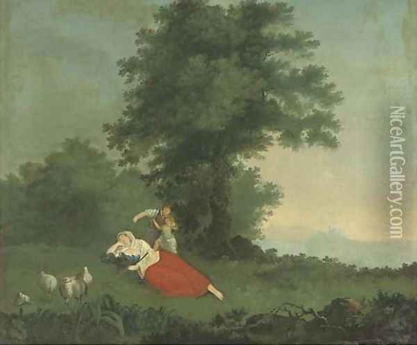 A shepherdess and children in an extensive landscape Oil Painting - George Holmes